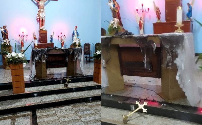 Homem ateia fogo em altar da Igreja Católica e ameaça policiais com faca em Mucuri é baleado e socorrido ao HMTF