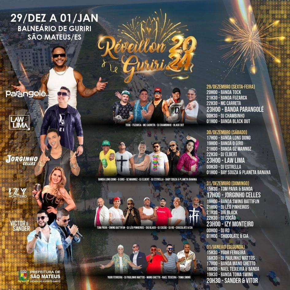 Réveillon em Guriri 2024: Quatro dias de festa, quatro trios elétricos, atrações nacionais; veja a programação