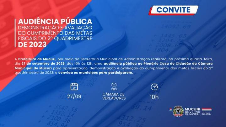 Prefeitura de Mucuri realiza Audiência Pública dia 27 de setembro para apresentar cumprimento das metas fiscais do 2º Quadrimestre de 2023