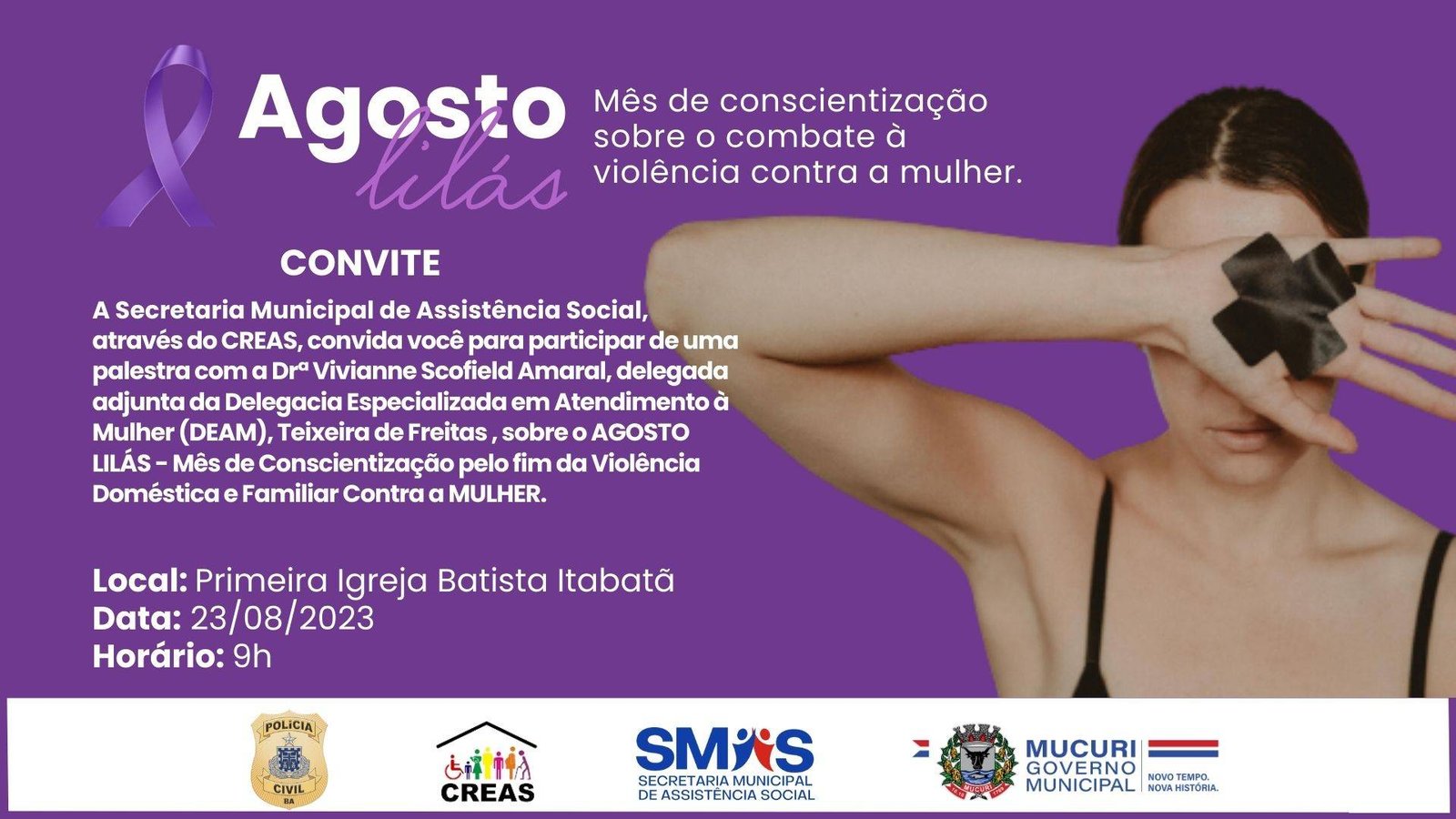 CREAS convida população para participar da palestra “Agosto Lilás”, com delegada Vivianne Scofield