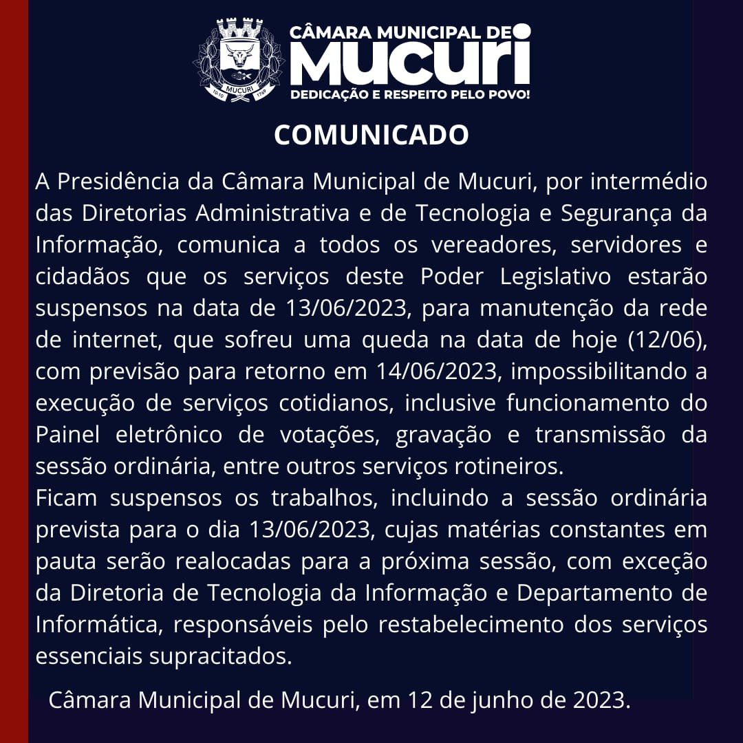 Câmara de Mucuri suspende atividades devido à queda na rede de internet; 14ª Sessão será adiada