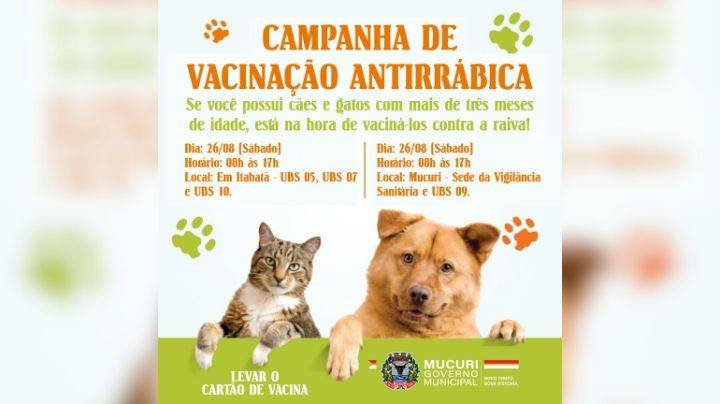 Confira o cronograma de aplicação da vacina antirrábica para Mucuri e Itabatã